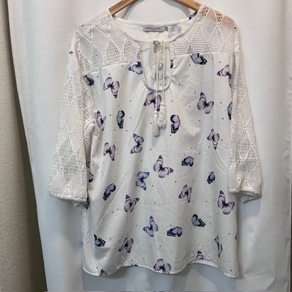 MISSLOOK Butterfly Crochet Lace Blouse Womens Size XL White Cotton Blend - Picture 2 of 7